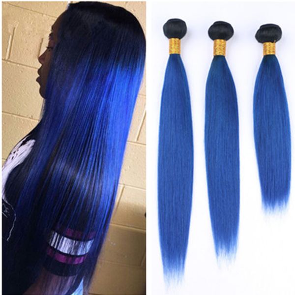 Dos tonos 1B / Azul Ombre Tramas de cabello humano virgen indio Extensiones de cabello liso sedoso Ombre Azul oscuro Paquetes de tejido de cabello humano virgen 3 piezas