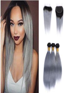 Deux tons 1b gris brésilien vierge cheveux tissage dentelle fermeture avec faisceaux droites extensions de cheveux humains Ombre argent gris cheveux avec 2574086