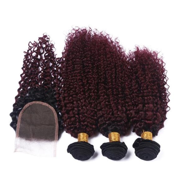 Deux tons 1B99J Vin Rouge Ombre Crépus Bouclés Péruvien Vierge Cheveux Humains Tisse 3Bundles Avec Des Racines Foncées Bourgogne Ombre 4x4 Dentelle Clos5016579