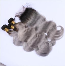 Deux tons 1BGrey Ombre 4x4 Lace Closure avec 3Bundles Body Wave Noir et Argent Gris Ombre Péruvienne Cheveux Humains Tisse Avec Closur6509996