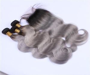 Dos tonos 1BGrey Ombre 4x4 Cierre de encaje con 3 paquetes Body Wave Negro y gris plateado Ombre El cabello humano peruano teje con Closur5522857