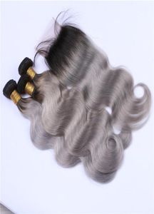 Deux tons 1BGrey Ombre 4x4 Lace Closure avec 3Bundles Body Wave Noir et Argent Gris Ombre Péruvienne Cheveux Humains Tisse Avec Closur6420534