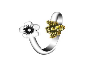 Anneau ouvert d'abeille et de fleur à deux tons, conception simple, anneaux d'animaux plaqués argent rétro pour femmes, bijoux de fête gothique punk, cadeau 1106588