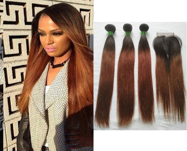 Deux tons noir brun foncé Ombre 1B33 brésilien péruvien malaisien cheveux raides tissage Ombre couleur cheveux 3 faisceaux avec dentelle 7607183