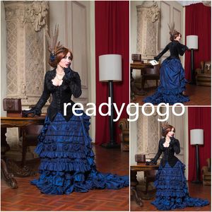 Deux tons noir bleu royal robes de soirée à manches longues 19 siècle guerre civile victorienne sud Marie Antoinette robe de bal grande taille