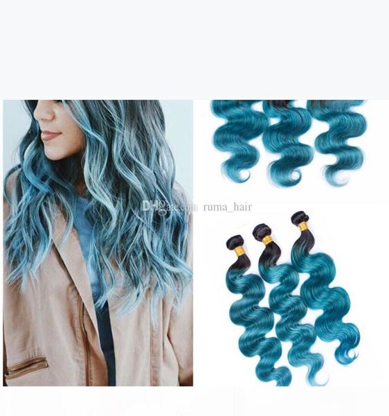 Poules à cheveux humains bleus à deux tons avec fermeture frontale en dentelle Brésilienne Vierge Human Hair Body Wave Ombre Lace Frontal avec Bundles5086793