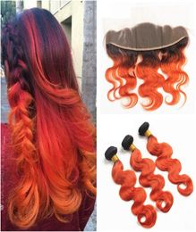 Deux tons couleur cheveux humains Orange Ombre dentelle fermeture frontale T1b 350 Orange vague de corps péruvien cheveux vierges 3 faisceaux avec Frontal7298908