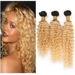 TWEE TONEN MENSELIJK HAAR WECHTS 1B 613 Blonde Virgin Hair Extensions 3 stks / partij Blonde Ombre Deep Curly Menselijk Hair Extensions