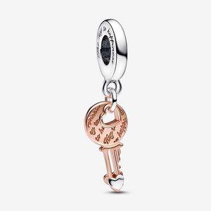 Tweekleurige sleutel Sliding Heart Dangle Charm Pandoras 925 sterling zilver Luxe bedelset Armband maken Roségouden bedels Designer kettinghanger Originele geschenkverpakking