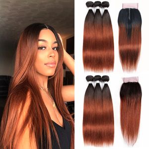 Twee Tone Ombre Auburn Braziliaans Virgin Haar Weave 3 Bundels met 4x4 Kantsluiting 1B / 33 Zwarte Roots Raw Menselijk Hair Extensions Pleed