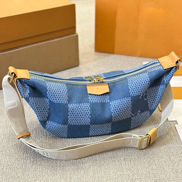 Modèle à carreaux bicolore Femmes Designer Denim Sac de taille 38x18cm Large sangle en nylon réglable Lettres imprimées Fermeture à glissière dorée Grande capacité Sac à main à bandoulière