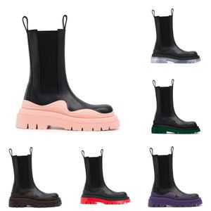 Two Tone Tyre Chelsea Boots Women Platform Chunky Boot Lady Luxe Design Men Kalf Desiger Mid Tube Calfskin Slip-on Style Round Teen Boots Black+Pink Soles 35--45