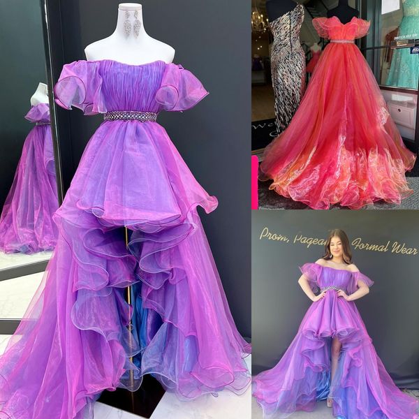 Robe de bal bicolore Hi-Lo 2k23, robe de bal à volants en organza pour femme, concours de beauté, soirée formelle, événement, piste, cravate noire, gala Hoco, manches épaules dénudées, rose vif/lilas blush/ciel