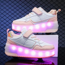 Deux roues enfants lumineux brillant baskets garçons filles lumière LED patin à roulettes chaussures enfants chaussures LED USB charge 240116