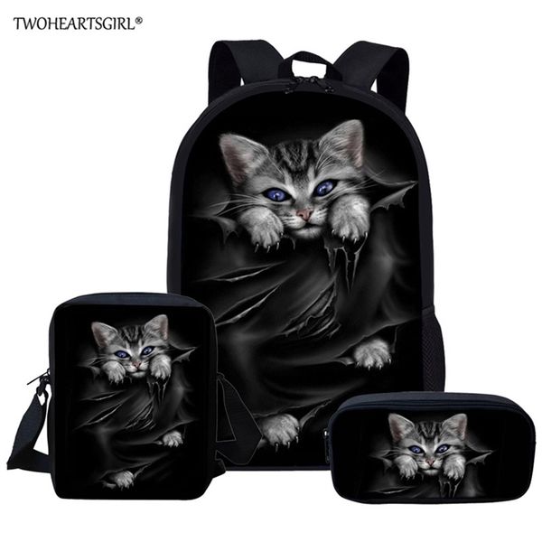 Twoheartsgirl 3pcs / set sacs d'école d'impression de chat noir mignon pour enfants cartables primaires filles sacs de livre de grande capacité cartable LJ201225