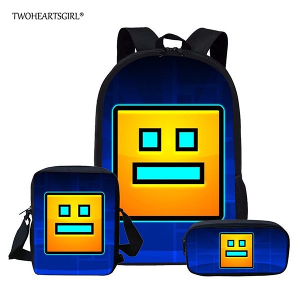 Twoheartsgirl Geometry Dash Children School Bags Set Mochila de escuela primaria para niñas, niños, niños, mochilas, bolsa de libros de dibujos animados LJ201225