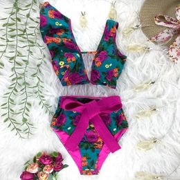 Dos piezas Floral 2023 push-up acolchado sujetador volantes vendaje Bikini conjunto traje de baño traje de baño ropa de playa Biquini 240223