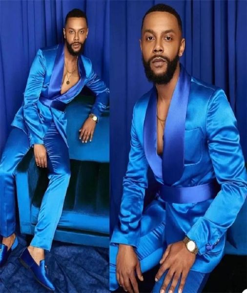 Twopieces Men Suit Silk Satin Tuxedos Summer Party Wear Fit Fashion Blue Business For Man Peak Tapel Blazer Suit6979431