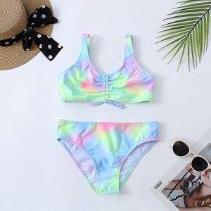 Twopieces Tie Dye Girls Swimsuit Kids 716 jaar Tweede stuk kinder Swimwear Ruches Ruches Bikini Set Teen Bathing Suit van de voorkant Badwear 230519