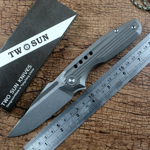 TWOSUN D2 Stonewash Lame Couteau De Poche En Céramique Roulement À Billes Rondelle TC4 Poignée En Titane Pliant Camping En Plein Air Chasse EDC TS194