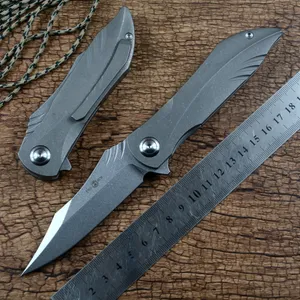 TWOSUN Couteau Pliant D2 Stonewash Lame En Céramique Roulement À Billes Rondelle TC4 Poignée En Titane Camping En Plein Air Couteau De Chasse Outils TS363