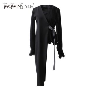 TWOTWINSTYLE Asymétrique Blazer Femme En Mousseline De Soie Patchwork V Cou Lanterne Manches À Lacets Taille Haute Manteau Femmes Printemps Mince 201102