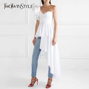 Asymmetrisch Shirt Tops Vrouwelijke Off Shoulder Lace Up Onregelmatige Ruche Sexy Blouse Damesmode 2018 Herfst Nieuw