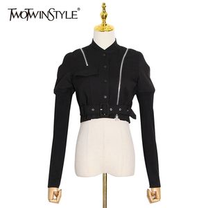 Deuxtwinstyle noir patchwork fermeture éclair court haut pour femmes col montant à manches longues ceintures décontracté hauts vêtements de mode féminine 210517