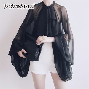 Twotwinstyle bowknot chiffon blouse shirt dames lantaarn mouw tule transparante sexy tops groot formaat lente zomer casual 210326