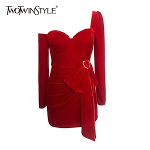 Twotwinstyle Bowknot Diamond Slanke Jurk voor Dames Onregelmatige Kraag Lange Mouw Asymmetrische Mini Jurken Vrouwelijke Mode 210517