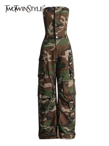 TWOTWINSTYLE Camouflage Cargo combinaisons pour femmes Starpless sans manches taille haute épissé poches Streetwear combinaison femme 240322