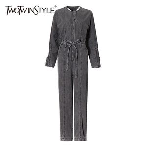 Twotwinstyle Casual Denim Jumpsuit Voor Vrouwen O Neck Lange Mouw Hoge Taille Lace Up Bowknot Wide Been Broek Solid Jumpsuits Vrouw 210517