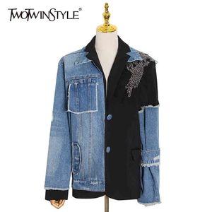 Twotwinstyle Casual Onregelmatige Patchwork Diamond Jacket voor Dames Revers Lange Mouw Denim Jassen Vrouwelijke Mode Kleding 210517