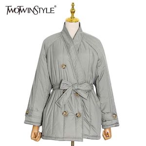 Twotwinstyle Capaz de encaje casual para mujeres V cuello V Manga larga Parkas Kore Female Fashion Clothing Invierno 210517