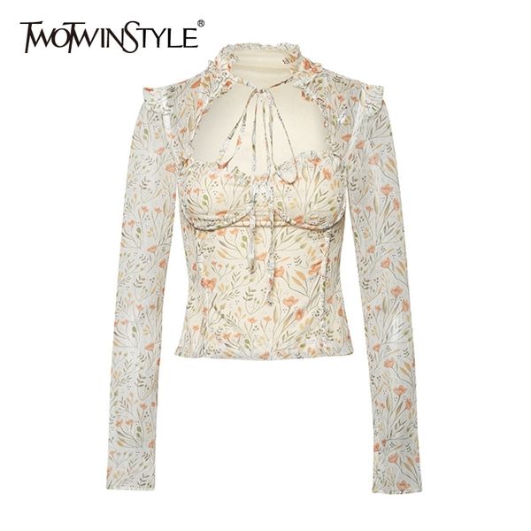 Twotwinstyle Casual Imprimir Mujeres Camisas O Cuello Manga larga Patchwork Ruffles Hit Color Lace Up Bow Hollow Out Blusas Femenina Tide 210225