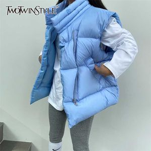 TWOTWINSTYLE décontracté solide minimaliste coréen lâche manteaux femme col montant sans manches mode manteau d'hiver pour les femmes Style 211216