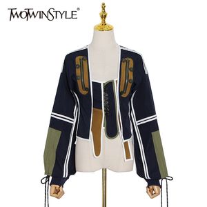 TWOTWINSTYLE décontracté Streetwear Hit couleur veste pour femmes col carré à manches longues hauts courts femme mode automne 210517