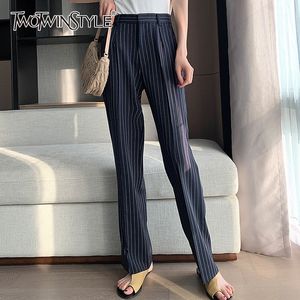 Twotwinstyle Casual rayé femmes pleine longueur pantalon taille haute lâche plissée Hit couleur Vintage pantalon droit vêtements de mode T200422