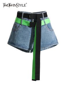 Twotwinstyle ColorBlock Streetwear Splited Belt Short for Women High Taille Patchwork Pocket Designer Shorts Female Fashion 240514