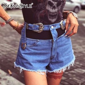 Twotwinstyle denim patchwork kwastje kort voor vrouwen hoge taille met sjerpen shorts vrouwelijke zomer mode kleding zomer 210517