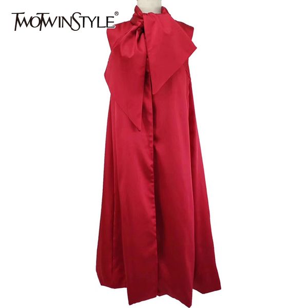 TWOTWINSTYLE elegante vestido con cordones para mujer cuello alto sin mangas negro Maxi vestidos mujer moda ropa verano 210517