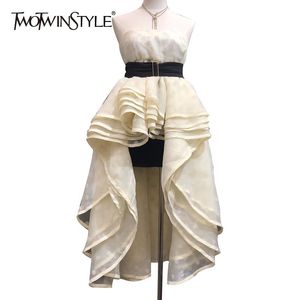 Twotwinstyle elegante strapless jurk voor vrouwen mouwloze hoge taille met sjerpen Midi jurken vrouwelijke zomer modieuze 210517