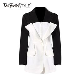 TWOTWINSTYLE Hit Couleur Casual Blazer Coréen Pour Les Femmes Entaillé À Manches Longues Élégant Blazers Droite Femme Printemps Mode Vêtements 211122