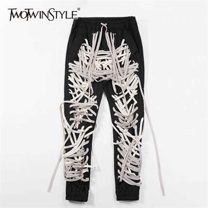 Twotwinstyle Hit Kleur Patchwork Bandage Dames Broek Hoge Taille Casual Slanke Broek Voor Vrouwelijke Zomer Streetwear Fashion 2111115