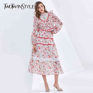Twotwinstyle hit kleur print sets voor vrouwen stand kraag lange mouw hoge taille patchwork kant elegante set vrouwelijke mode 210517