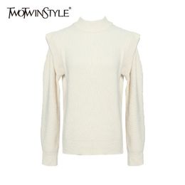 TWOTWINSTYLE coréen blanc pull pour femmes O cou à manches longues décontracté solide tricoté hauts femme mode vêtements automne 210517