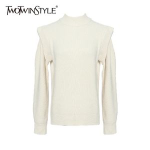 Twotwinstyle Koreaanse witte trui voor vrouwen o hals lange mouw casual solide gebreide tops vrouwelijke mode kleding daling 210517