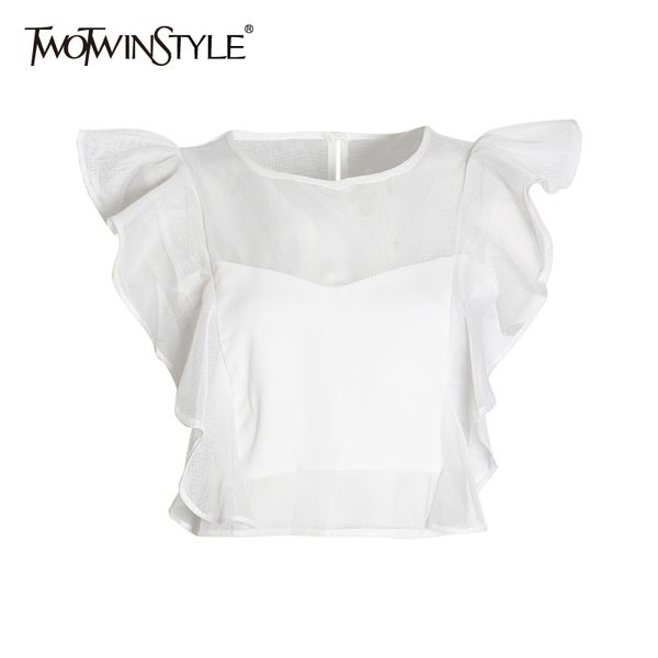 Twotwinstyle Patchwork Ruffle Tank Tops para mujeres O Cuello Sin mangas Blanco Tops cortos Ropa de moda femenina Verano 210517