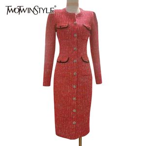 Twotwinstyle plaid roze jurk voor vrouwen o hals lange mouw hoge taille patchwork diamant slanke jurken vrouwelijke mode kleding 210517