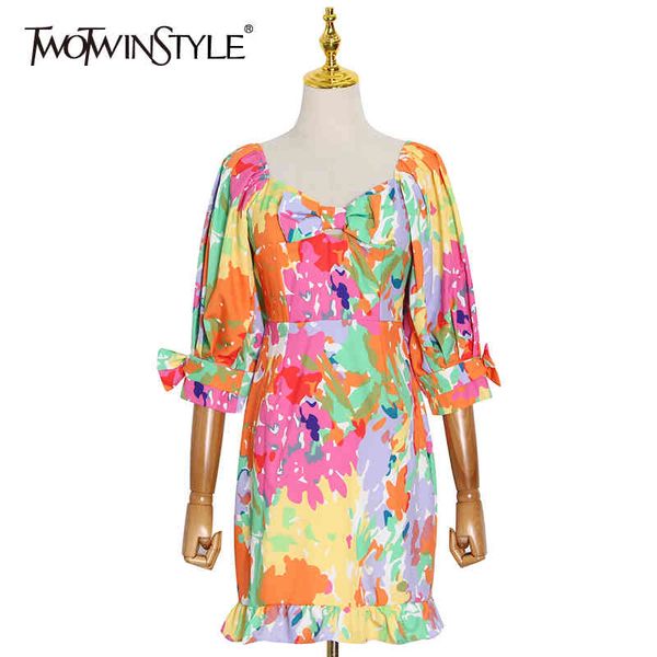 TWOTWINSTYLE Imprimé Hit Couleur Robe Pour Femmes Col En V Manches Bouffantes Taille Haute Évider Patchwork Bowknot Mini Robes Femme 210517